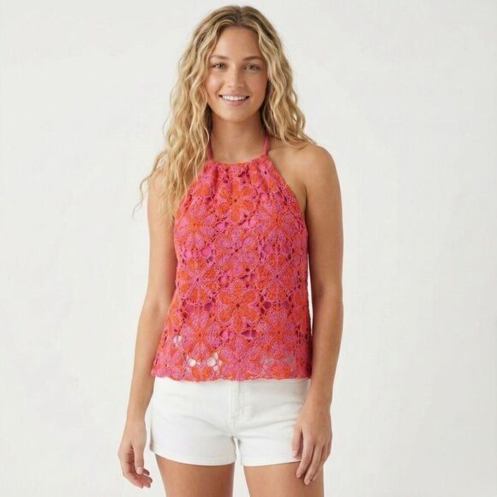 NWT Ramy Brook Atla Crochet Halter Top in orange and pink. Size small